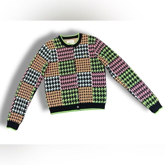 Teddy Fresh Houndstooth Cardigan Sweater Neon Colorblock Cotton H3H3 Size S - Picture 5 of 15